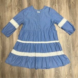 Linda Anderson Denim Lace Crochet Detail Stripe Tiered Chambray Dress XL